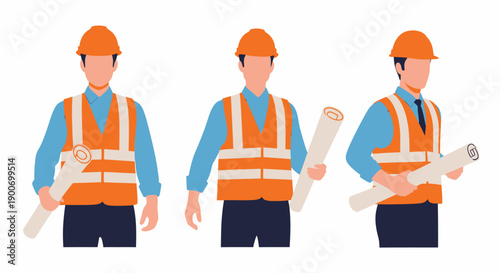 Three male construction workers or engineers wearing hard hats and safety vests, holding blueprints.