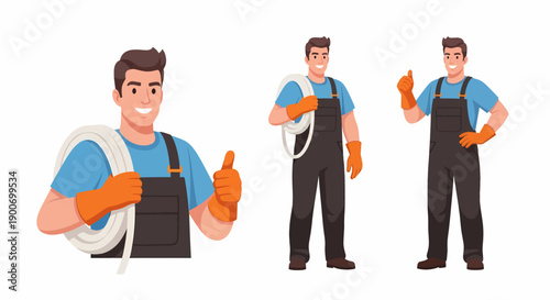 Friendly male service worker in blue shirt and dark overalls holding a hose and giving a thumbs-up.