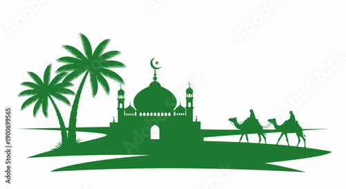 Green silhouette of a mosque with palm trees and camels in a desert landscape, symbolizing Islamic culture and travel.