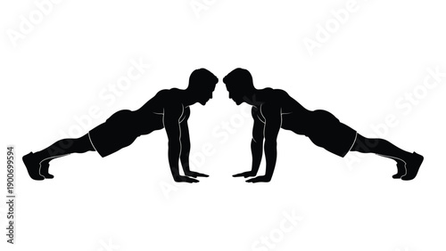 Two silhouettes demonstrate a synchronized push up exercise showcasing fitness and strength
