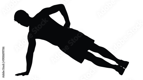 Silhouette of a person performing a side plank exercise against a white background
