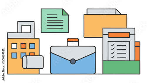 Office Organization Tools Flat Icons, Minimal flat vector icon set of office organization tools with folders, archive, documents, and scheduling, perfect for productivity and management systems.