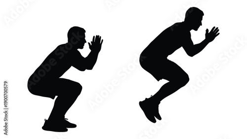 Silhouette of a person performing a squat jump exercise against a white background
