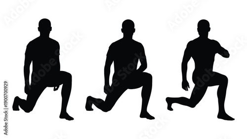 Three silhouettes of men performing lunges depicting dynamic athletic movement