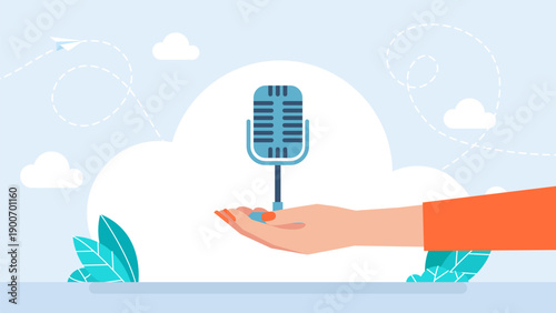 Female hand holding a microphone.  
Broadcasting. Young woman singing song holding microphone in hand isolated on white background. Retro style microphone. Vector illustration