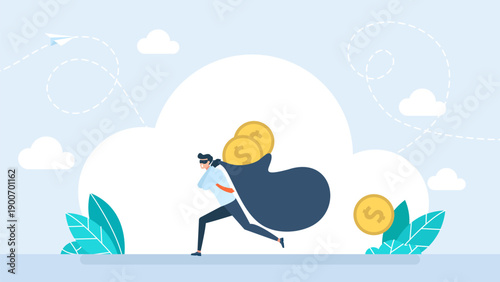 Thief running with a bag of money. Businessman running with stolen money bag. Criminal holding money bag with dollar sign. Bank robbery scene with thief in eye mask. Vector illustration