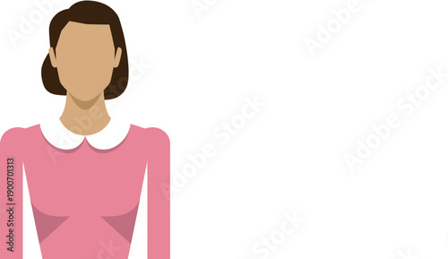 Stylized flat illustration of a woman wearing a pink dress with a white collar, representing femininity and elegance.