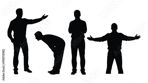 Silhouettes of three men in various poses against a white background