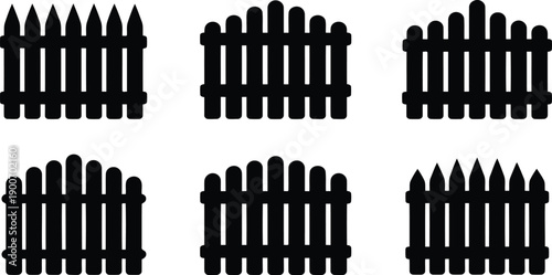 A collection of six distinct black silhouette fence designs with varying picket tops on a white background