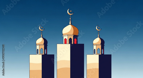 Mosque Domes with Crescent Moon Symbols on Top of Buildings during Night
