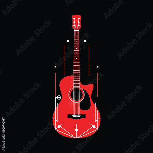 Acoustic guitar with geometric red design on black background.