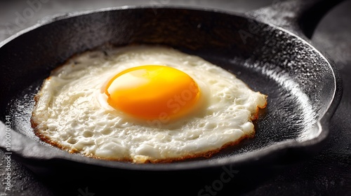 Close-up shot of a perfectly fried egg in a cast iron skillet, ready to eat.