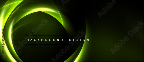 Dark background features vibrant green curved lines. Modern design element suggests energy, motion, technology. Text reads background design.