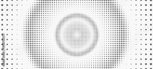 Halftone circle background. Black and white dotted circular gradient. Radial comic target texture. Fading dot epicenter wallpaper concept. Vector grunge rough round pop art rasterized backdrop