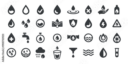 Water and hydration solid icons set. Drop, clean drinking water, filter, tap, recycle, hygiene, healthcare, plumbing, liquid, environment. Filled vector