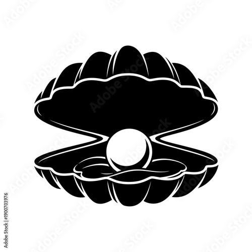 Open Clam Shell with Pearl Silhouette Vector Icon Isolated on White Background - Ocean Treasure Symbol for Sea