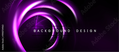 Abstract purple swirls dominate black canvas. Dynamic light creates flowing, elegant design. Modern aesthetic, suitable backgrounds.