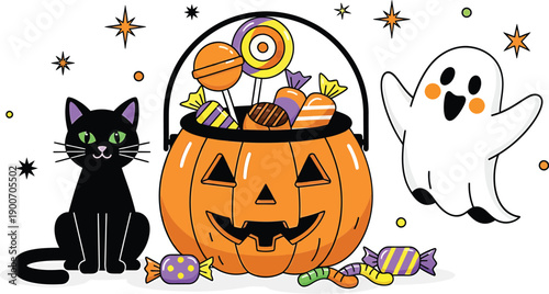 Halloween candy bucket with black cat and ghost, vector illustration for banner or poster
