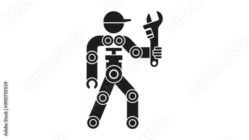 A robot holding a wrench in a simple black and white illustration