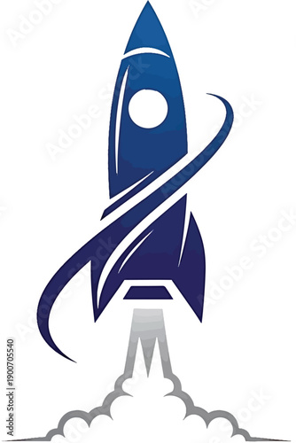 Blue Rocket Launching into Space with Swirling Orbit.