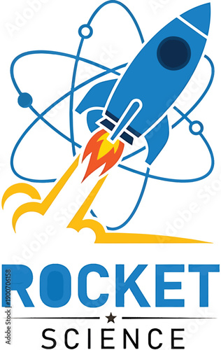 Blue Rocket Launching with Atomic Orbit Symbol.