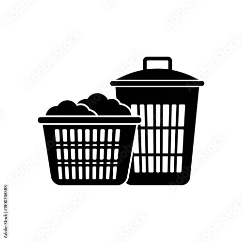 Black Silhouette of a Laundry Basket Hamper on White Background Vector Washing Icon for Home and Chores