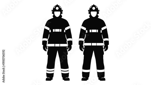 Two firefighters in full protective gear depicted as a stark black and white illustration