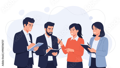 Diverse business team collaborating on project, taking notes and discussing ideas