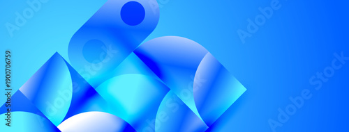 Abstract blue shapes overlap, creating dynamic composition. Gradient hues suggest depth, modern aesthetic. Clean design, vibrant colors.