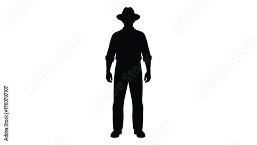 Silhouette of a person wearing a hat and long sleeved shirt against a white background