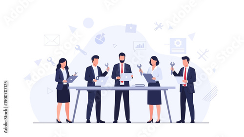 Business Team Collaboration with Tools and Laptops for Project Success