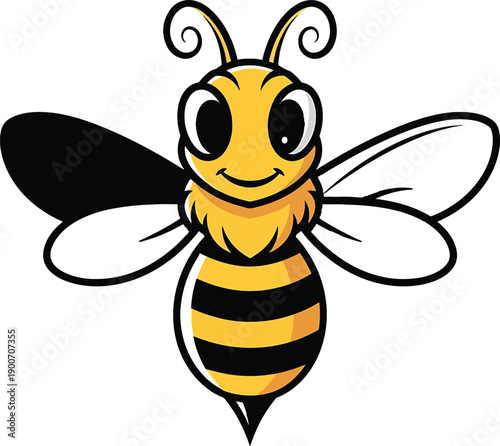 Cute cartoon bee with big eyes and striped body.
