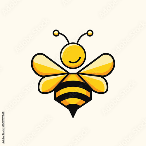 Cute cartoon bee with yellow wings and black stripes.