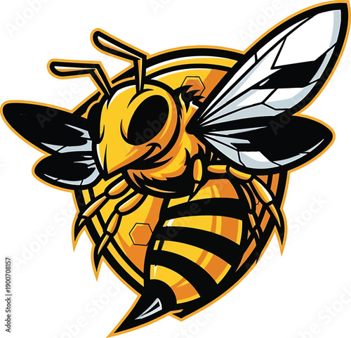 Aggressive cartoon bee mascot with sharp features.