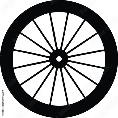 Black silhouette icon of a bicycle wheel with thin spokes and a rim, representing cycling or transportation.