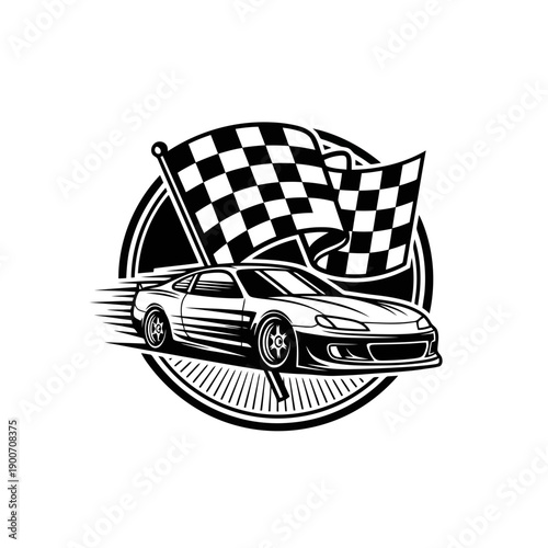 Vintage-style monochrome racing emblem featuring a speeding sports car and checkered flag inside a circular frame. Perfect for automotive logos, badges, and racing club branding.