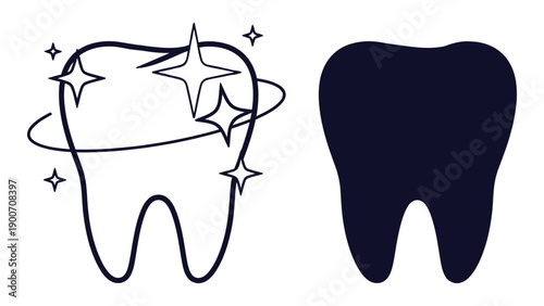 A sparkling clean tooth illustration paired with a solid dark tooth outline