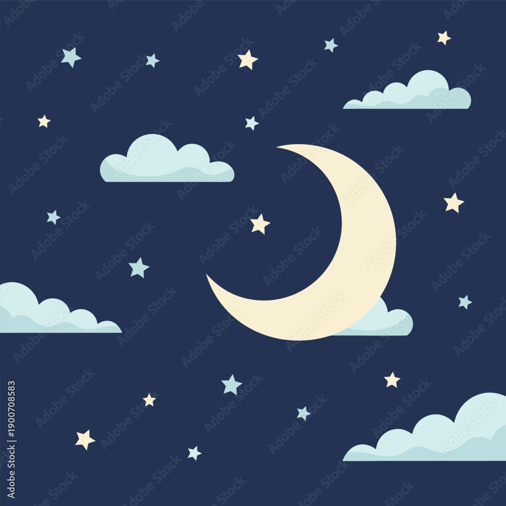 Fototapeta premium Crescent Moon Night Sky Vector Illustration with Stars and Clouds