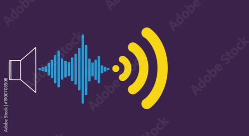 A vibrant graphic illustration displays a speaker icon radiating dynamic blue sound waves and yellow wireless signals on a deep purple background, symbolizing modern audio communication.