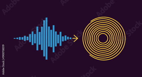 A vibrant blue sound wave visualizes digital audio data transforming into a compact yellow spiral, illustrating concepts of signal processing and compression technology.