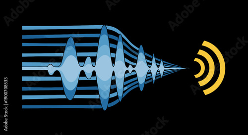 Abstract visualization of blue sound waves transforming into a yellow signal icon, symbolizing wireless communication, data transmission, and digital tech.