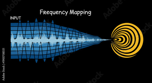 An abstract digital graphic illustrates the concept of frequency mapping, demonstrating an input waveform's transformation into concentric circular patterns.
