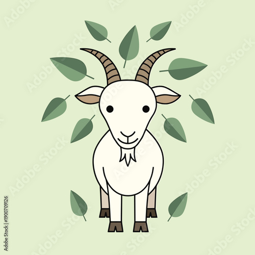 Cute Cartoon Goat with Green Leaves Illustration.