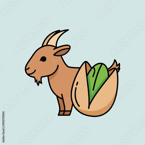 Cute cartoon goat peeking out of a pistachio shell.