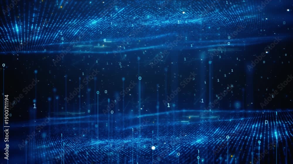 Futuristic digital data stream with binary code and glowing grid ...