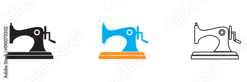 Sewing Machine Icon Set Collection. Clean vector illustration of sewing machine icons in solid, colored, and outline styles, representing tailoring, handmade crafts, and textile production concepts.

