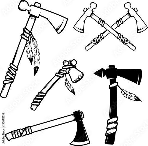 A black and white vector set of traditional tomahawks and tribal axes decorated with feathers. This high-contrast collection features both single and crossed weapon designs.