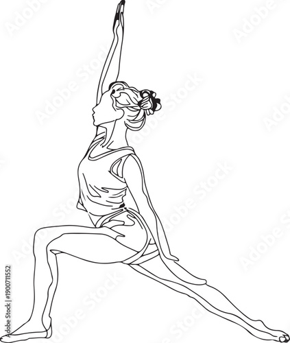 Woman in warrior pose silhouette vector illustration in line art style
