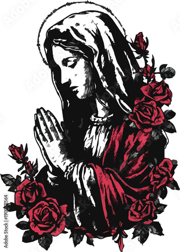 Praying virgin mary with roses vector illustration in red color
