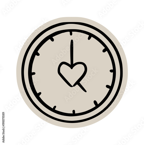 Love clock time scrapbook, doodle, sticker, collage, icon: hand drawn illustration of watch with heart for quality time, deadline, schedule, wedding, anniversary, date, morning, hour, alarm